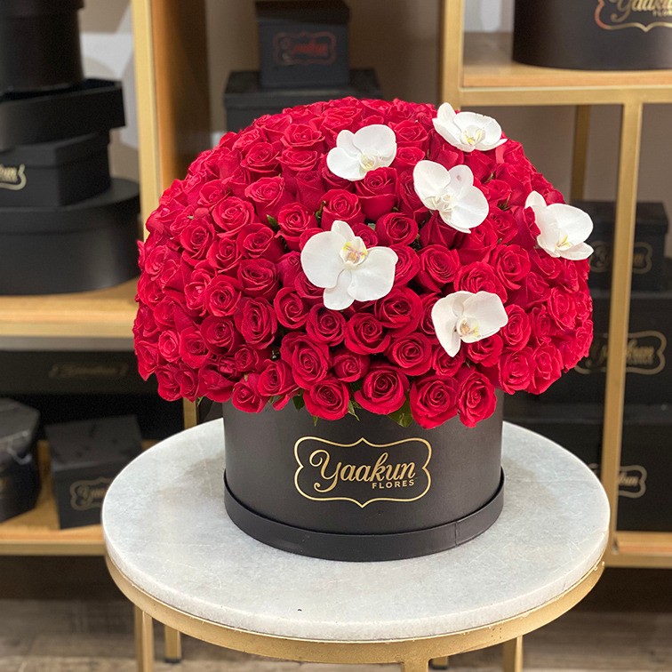 250 rosas en caja redonda con orquídeas esfera lindo amor