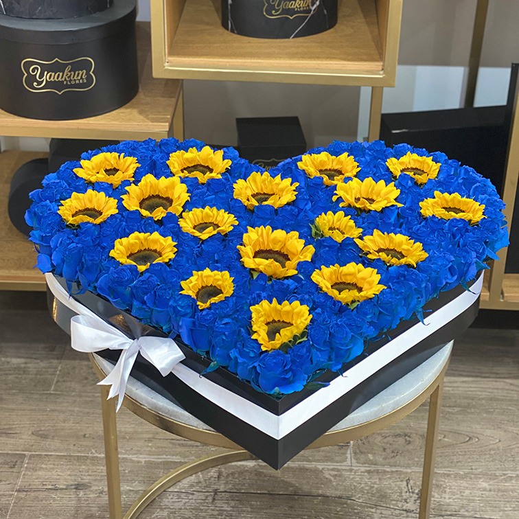 Caja corazón de 250 rosas azules y girasoles con moño blanco