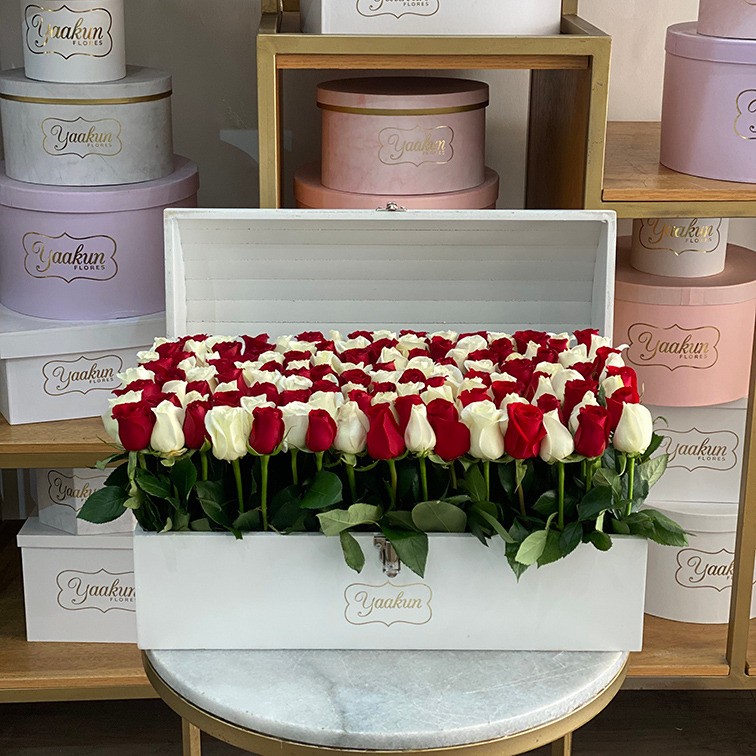 Cofre grande blanco con 130 rosas altas jardín red & white