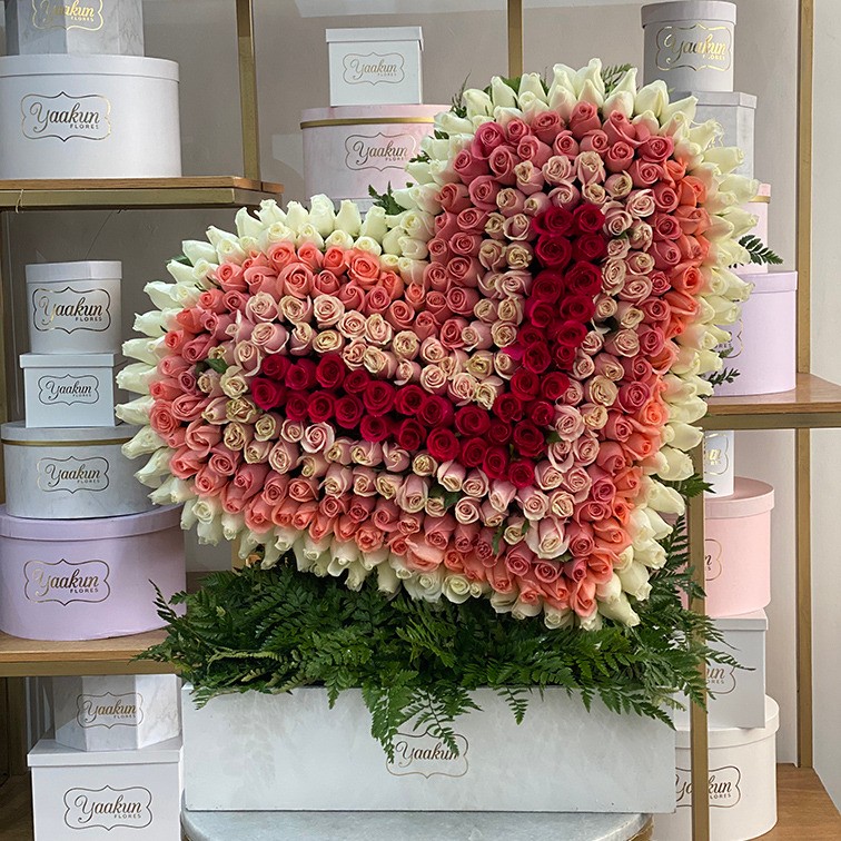 Corazón en escultura de 400 rosas inclinado en caja blanca rosas degrade