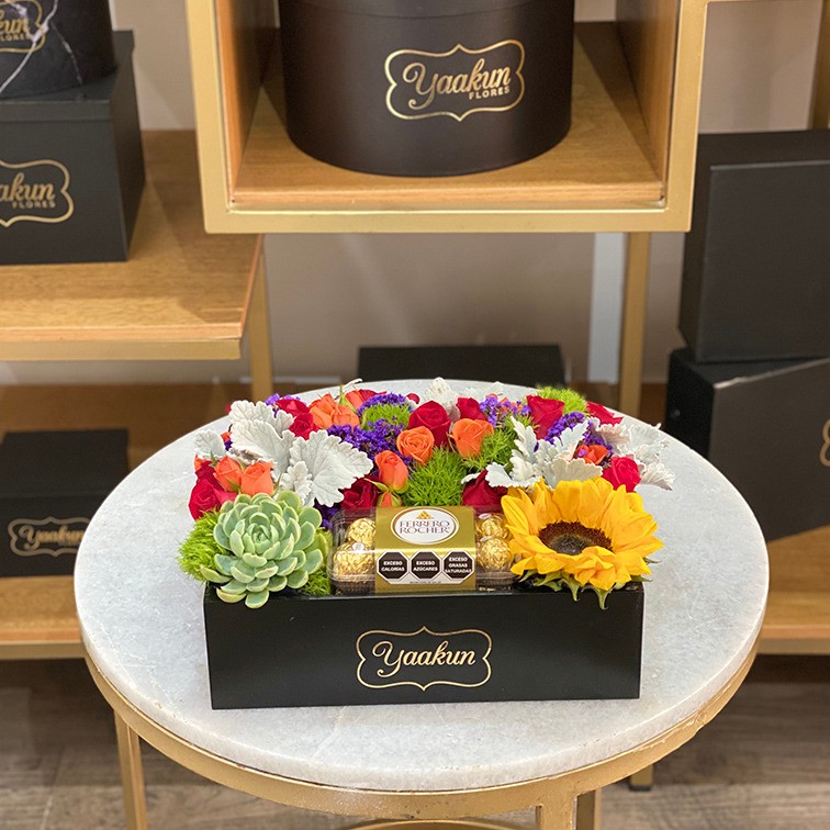 Flores & chocolates en caja mini yaakun primavera ferrero