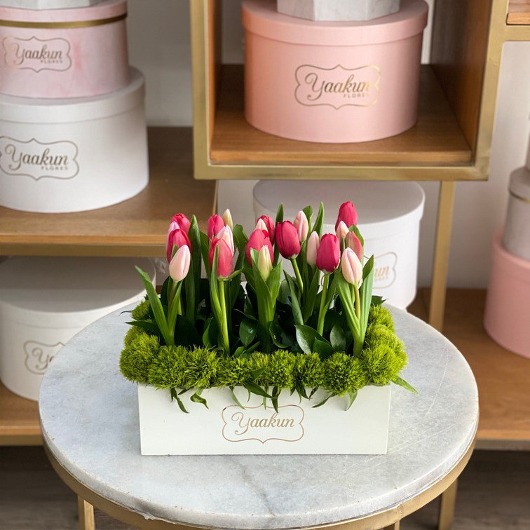 20 tulipanes rojos y rosita bajito en caja mini blanca yaakun tulipanes