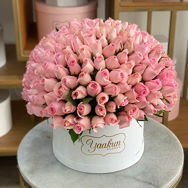 220 rosas en caja redonda blanca esfera pink