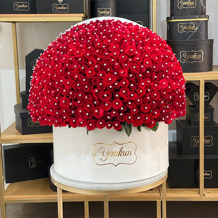 500 rosas en caja redonda blanca media maxi esfera con pines