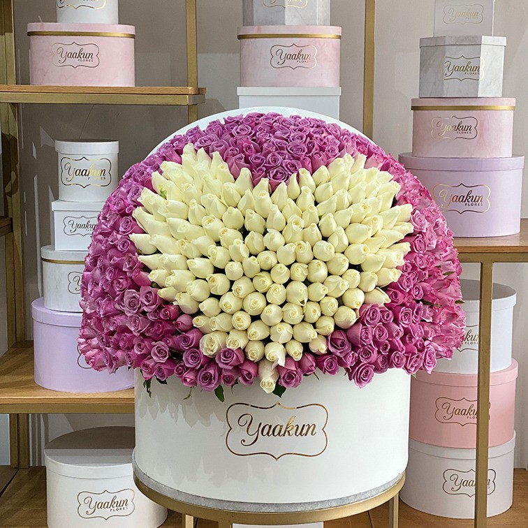 500 ROSAS EN CAJA REDONDA MAXI ESFERA MI CORAZÓN BLANCO CONTORNO LILA