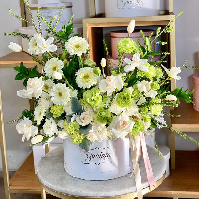 Caja blanca circular tonos blancos y verdes