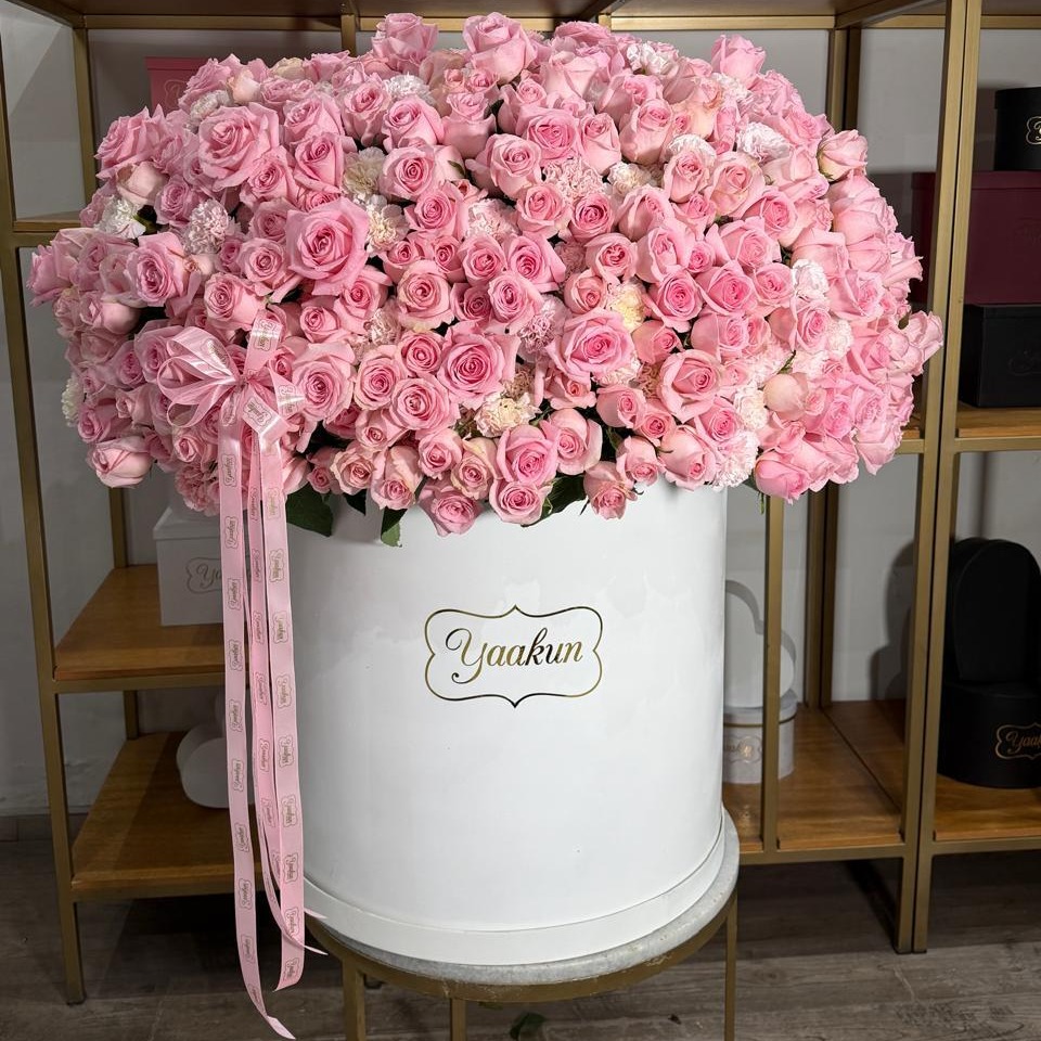 Caja blanca de 600 rosas y claveles rositas