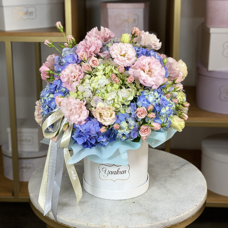 Caja circular blanca blue & pink.