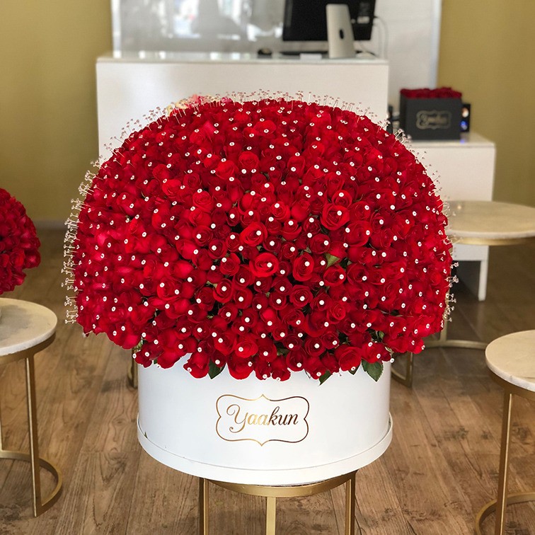 Caja circular blanca con 1000 rosas rojas & pines