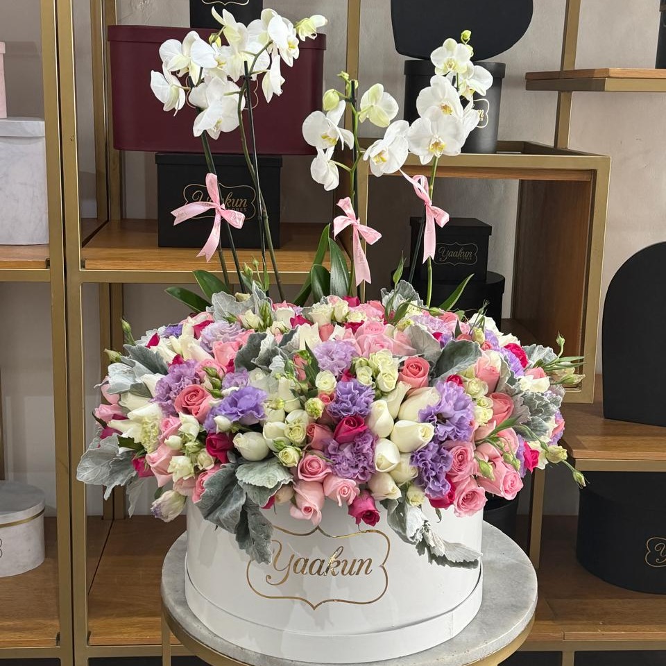 Caja circular blanca con 150 rosas y toques de lisianthus lila con 2 macetas de orquídeas