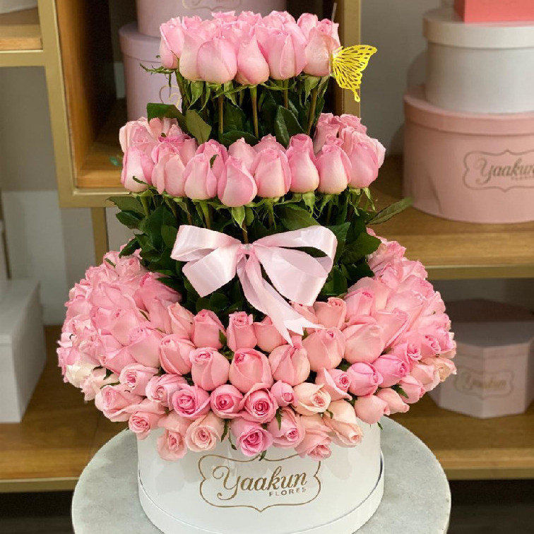 Caja circular blanca con 200 rosas rositas cake