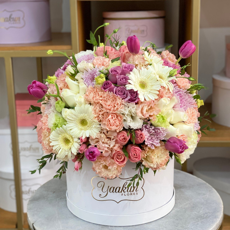 Caja circular blanca con 75 rosas, 10 tulipanes, claveles, roxanas y gerberas