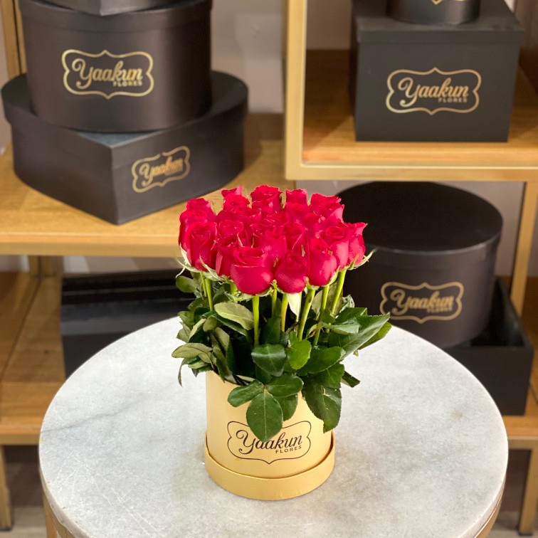 CAJA CIRCULAR CHICA DORADA CON 24 ROSAS ROJAS ALTAS