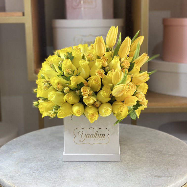 Caja mini cuadrada blanca con 75 rosas amarilla, 10 tulipanes y baby rose amarilla