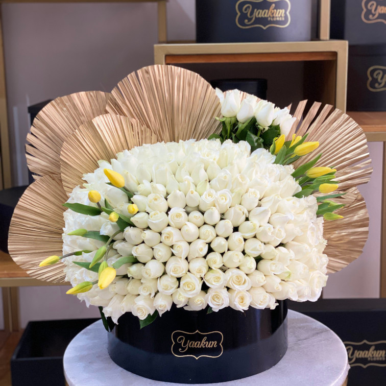 Caja negra con 300 rosas blancas, abanicos dorados y 20 tulipanes amarillos