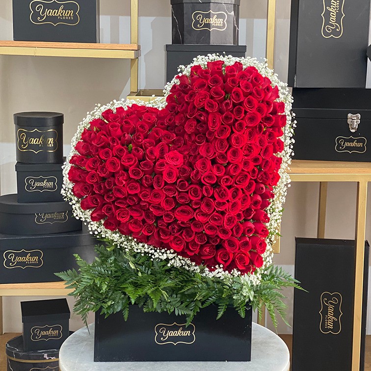 ESCULTURA DE 200 ROSAS ROJAS CON CONTORNO DE GYPSO BLANCA EN BASE NEGRA