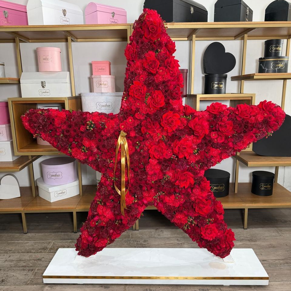 Escultura de estrella de 600 rosas en tono rojo y tinto
