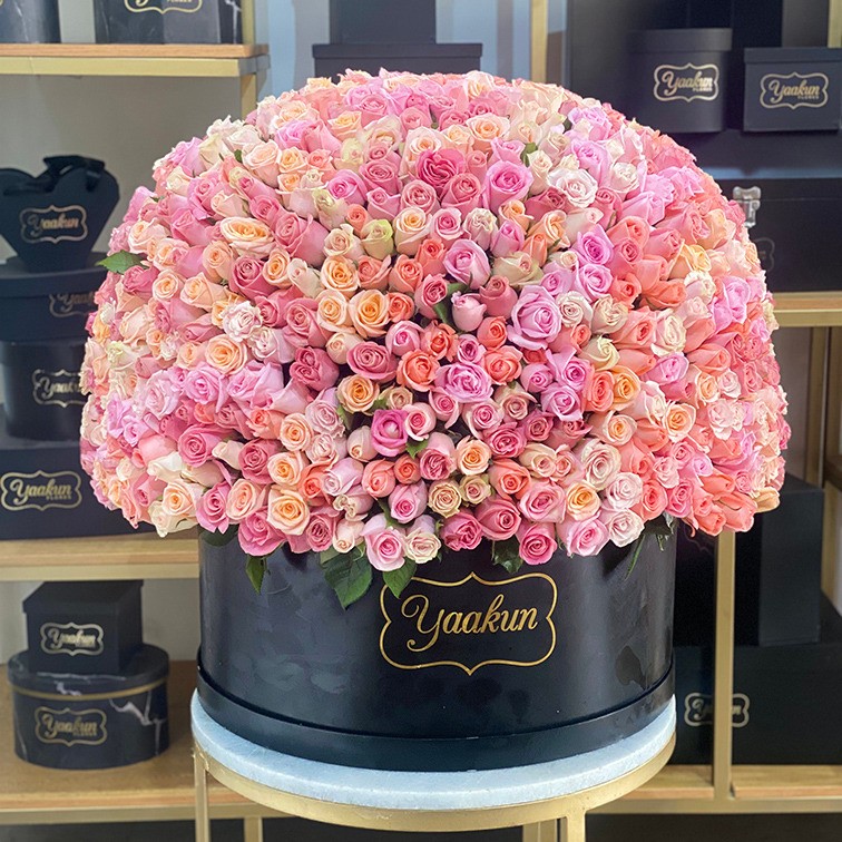 Esfera de 1000 rosas en tonos pastel en caja circular negra