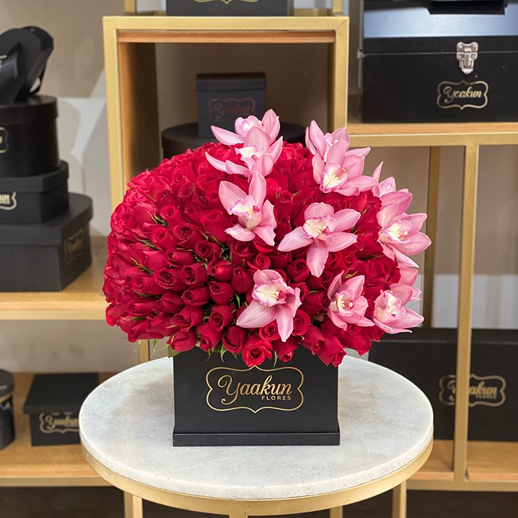 Esfera de 300 rosas rojas & orquídeas en caja yaakun especial cymb rosa