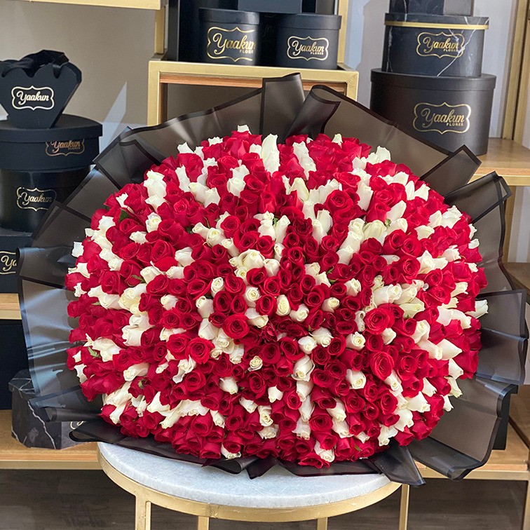 Maxi ramo de 600 rosas blancas y rojas con papel celofán