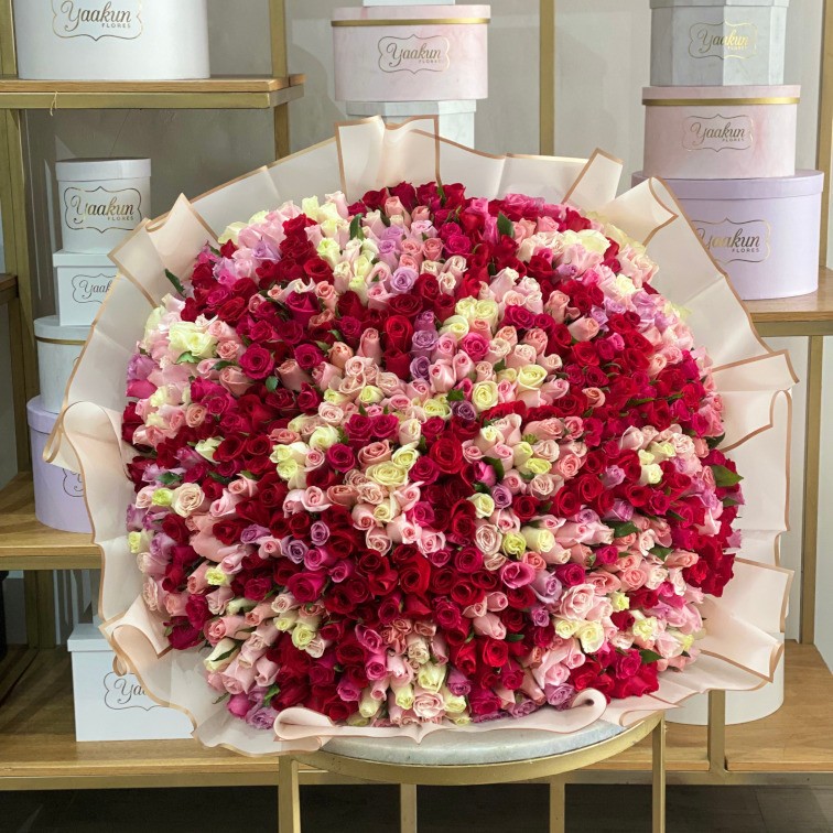 Maxi ramo de 600 rosas en tonos blanca , rosa, lila y rojo con papel coreano