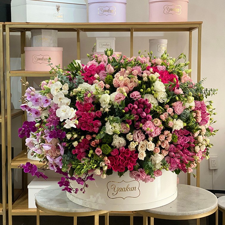 Mega caja circular blanca con 500 rosas, orquídeas phalenosis y follajes finos en tonos pasteles
