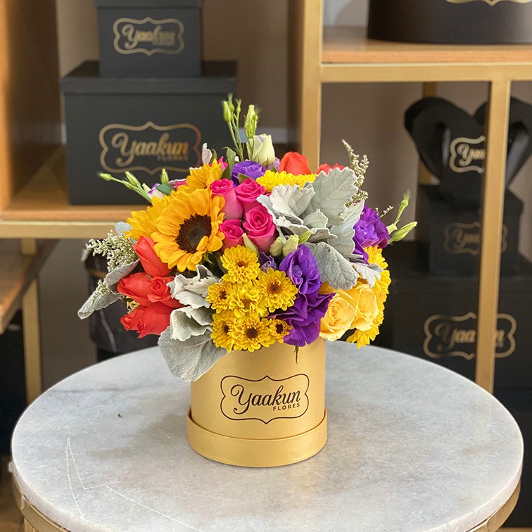 Mini caja circular dorada con 50 rosas y follajes en tonos alegres