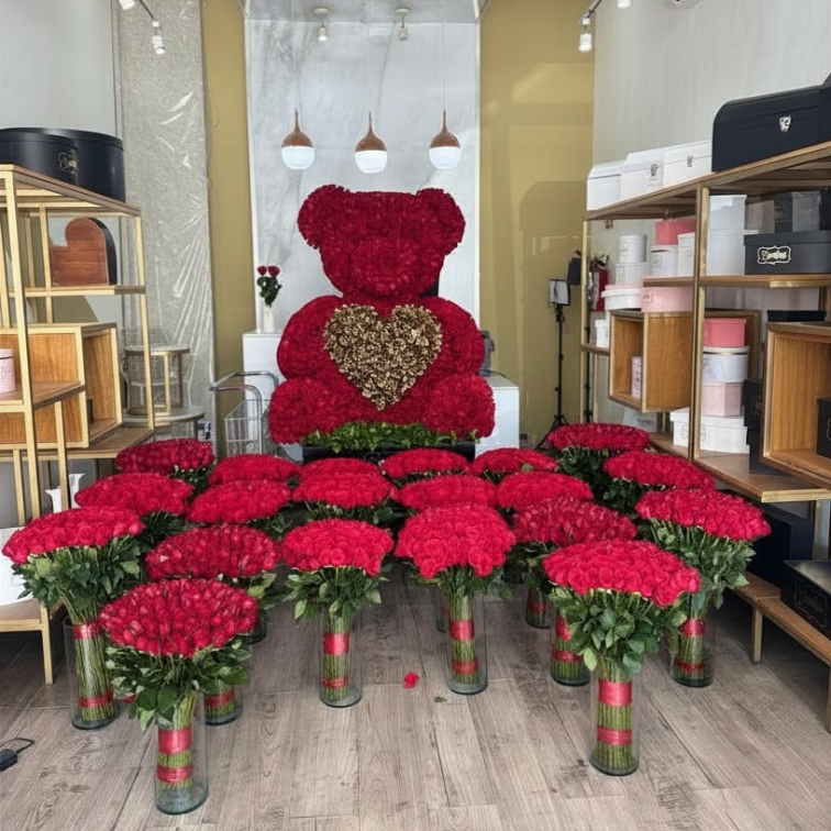 Paquete oso de 3500 corazon gold con 20 floreros de 200 rosas