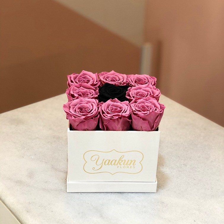 Rosas eternas en caja blanca cuadrada chica rosa palo & purple