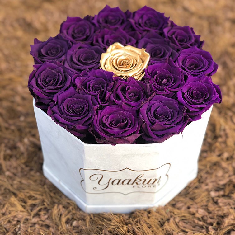 Rosas eternas en caja blanca octagonal purpura & gold
