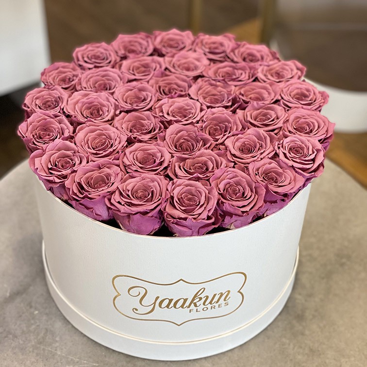 Rosas eternas en caja circular grande rosas rosa palo