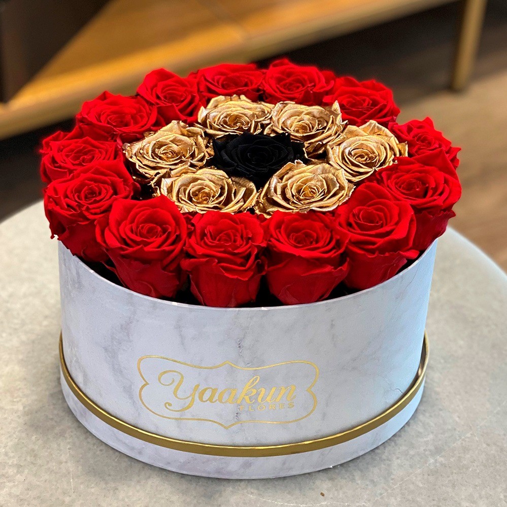 Rosas eternas en caja ovalada red, gold and black