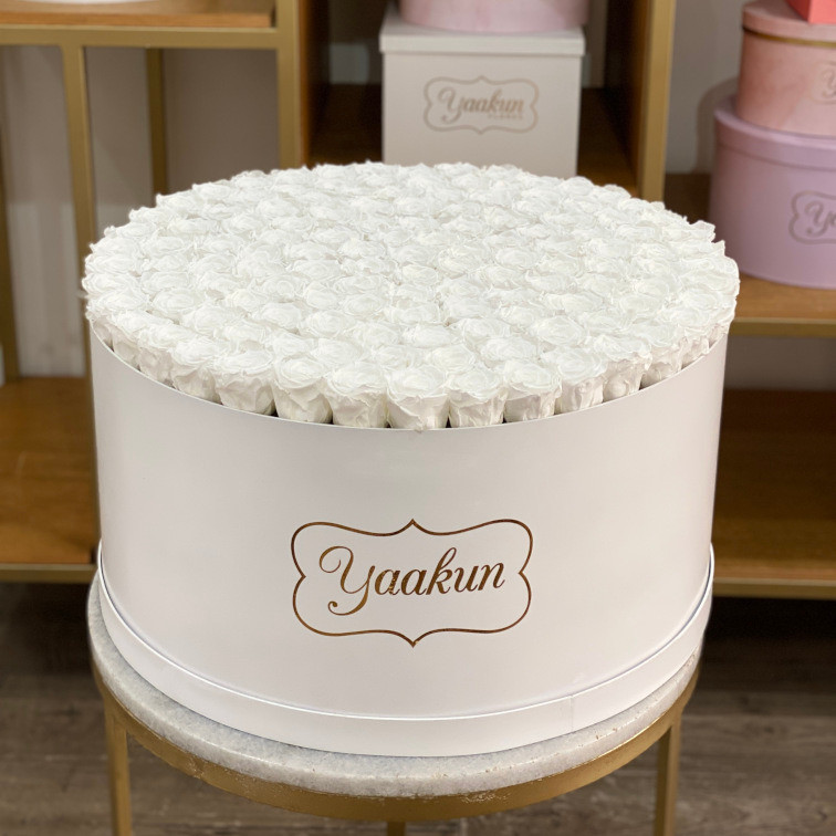 Rosas eternas en mega caja blanca con 115 rosas blancas